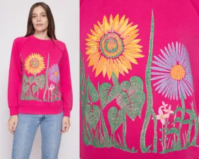 80s Hot Pink Flower Garden Sweatshirt - Medium