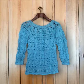 Beautiful Cyan Color Handmade Crochet Long Sleeve Top For Women/Girls