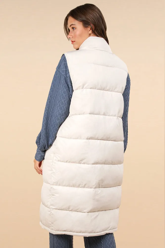 Front Zipper Long Puffer Vest in Cream by Very J