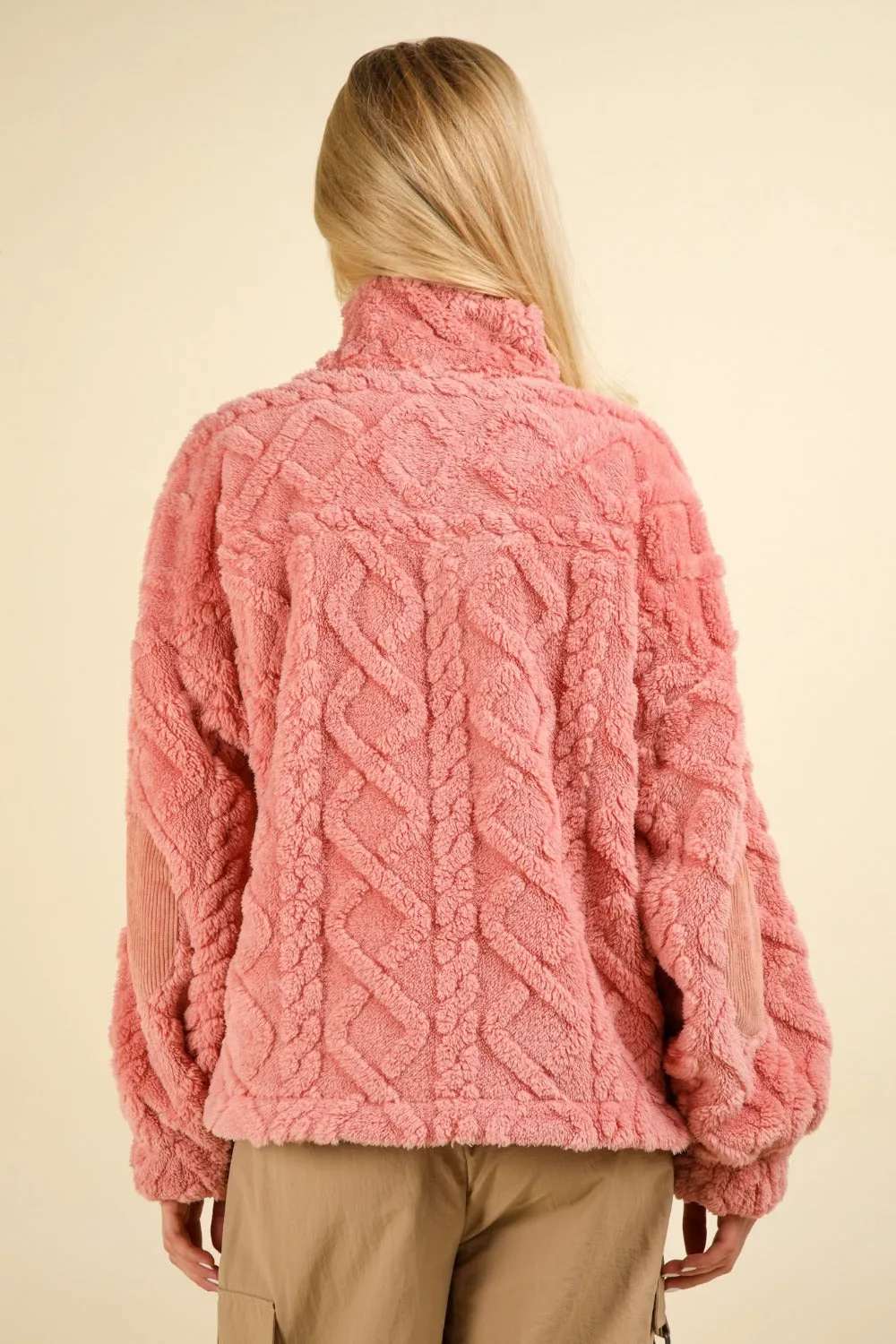 Fuzzy Fleece Half Zip Cable Pattern Sweatshirt