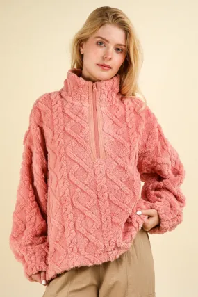 Fuzzy Fleece Half Zip Cable Pattern Sweatshirt