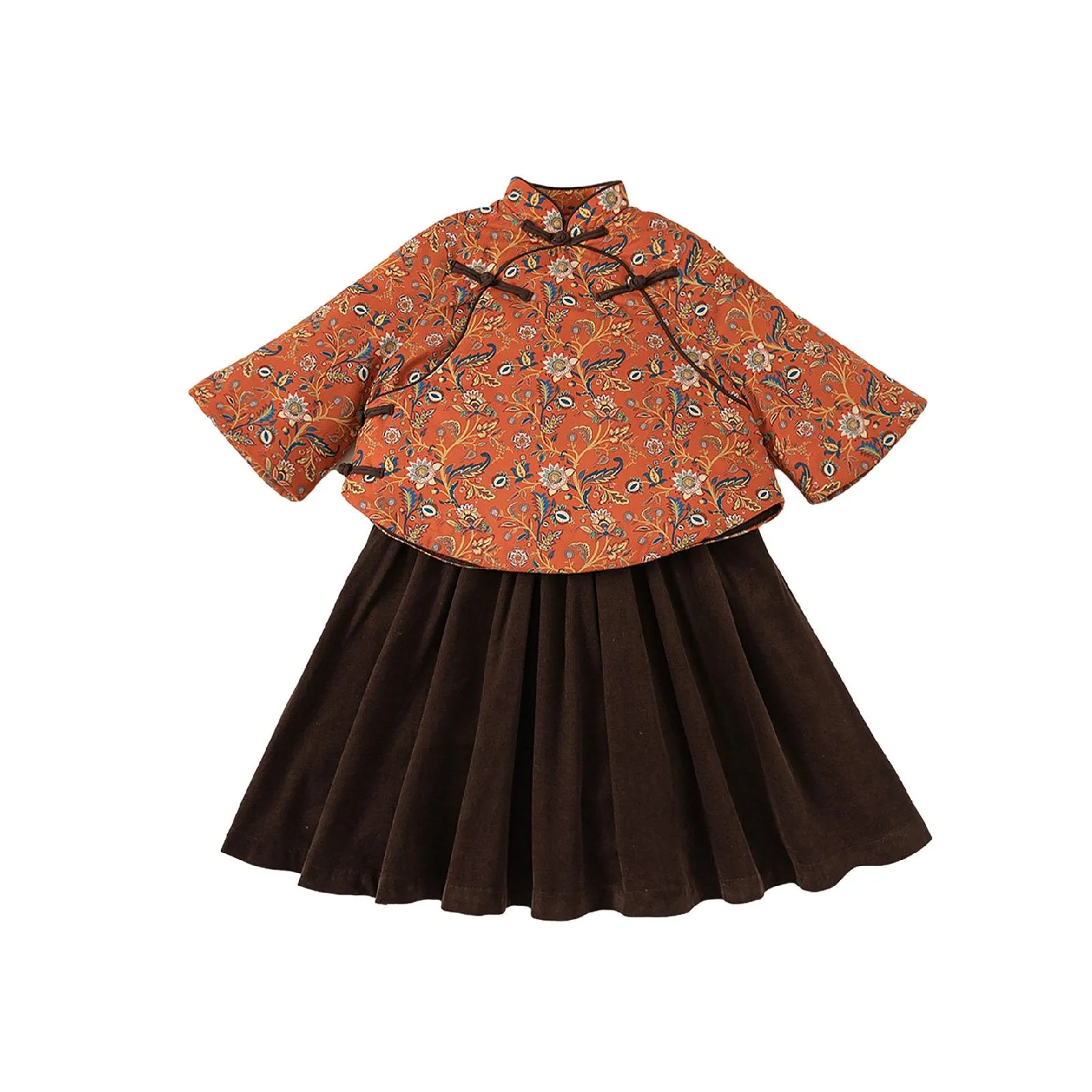 Girls' Oriental Floral Top and Velvet Skirt Set - Chinese New Year Outfit