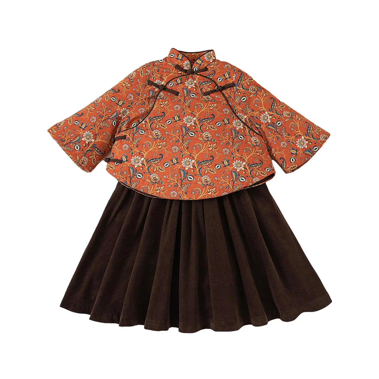 Girls' Oriental Floral Top and Velvet Skirt Set - Chinese New Year Outfit