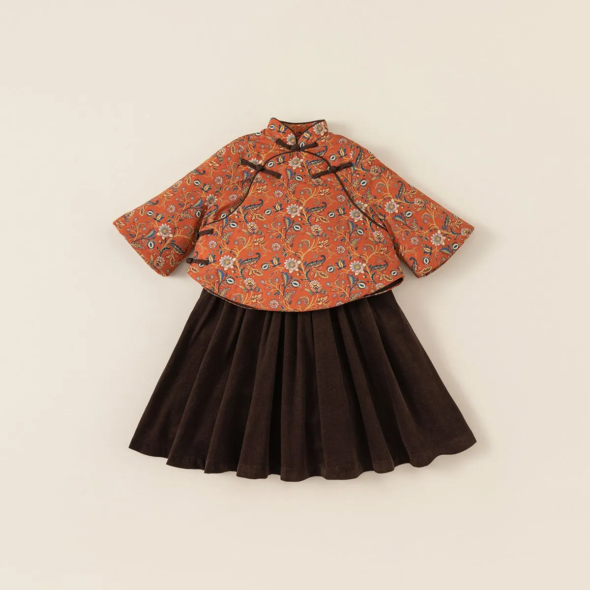 Girls' Oriental Floral Top and Velvet Skirt Set - Chinese New Year Outfit