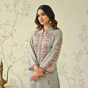 Ivory Geometric Floral Woollen Kurta with Embroidery Detail