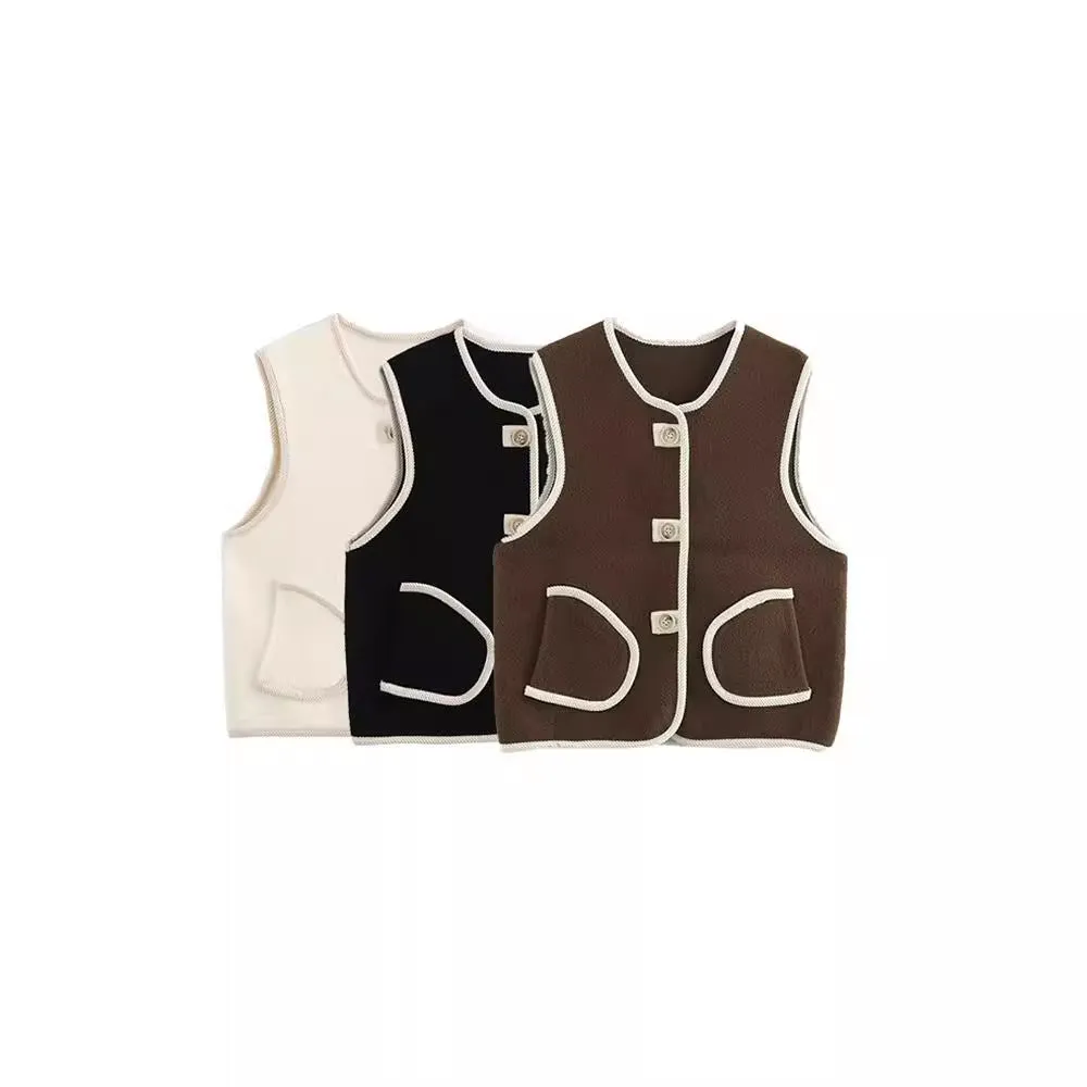 Pre Order: Loose Fit Sleeveless Trimmed Pocket  Pearl Fleece Vest