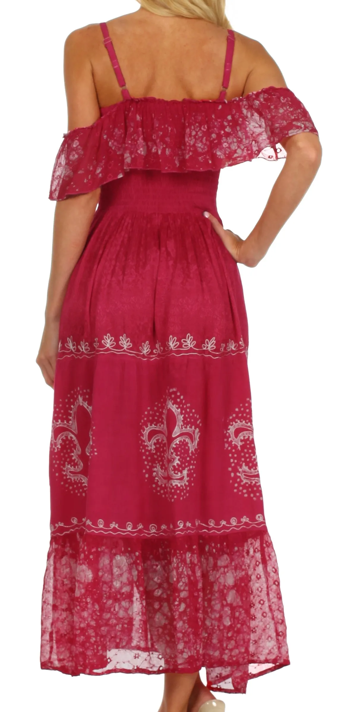 Sakkas Fleur De Lis Batik Jacquard Off Shoulder Crepe Hem Dress - FINAL SALE