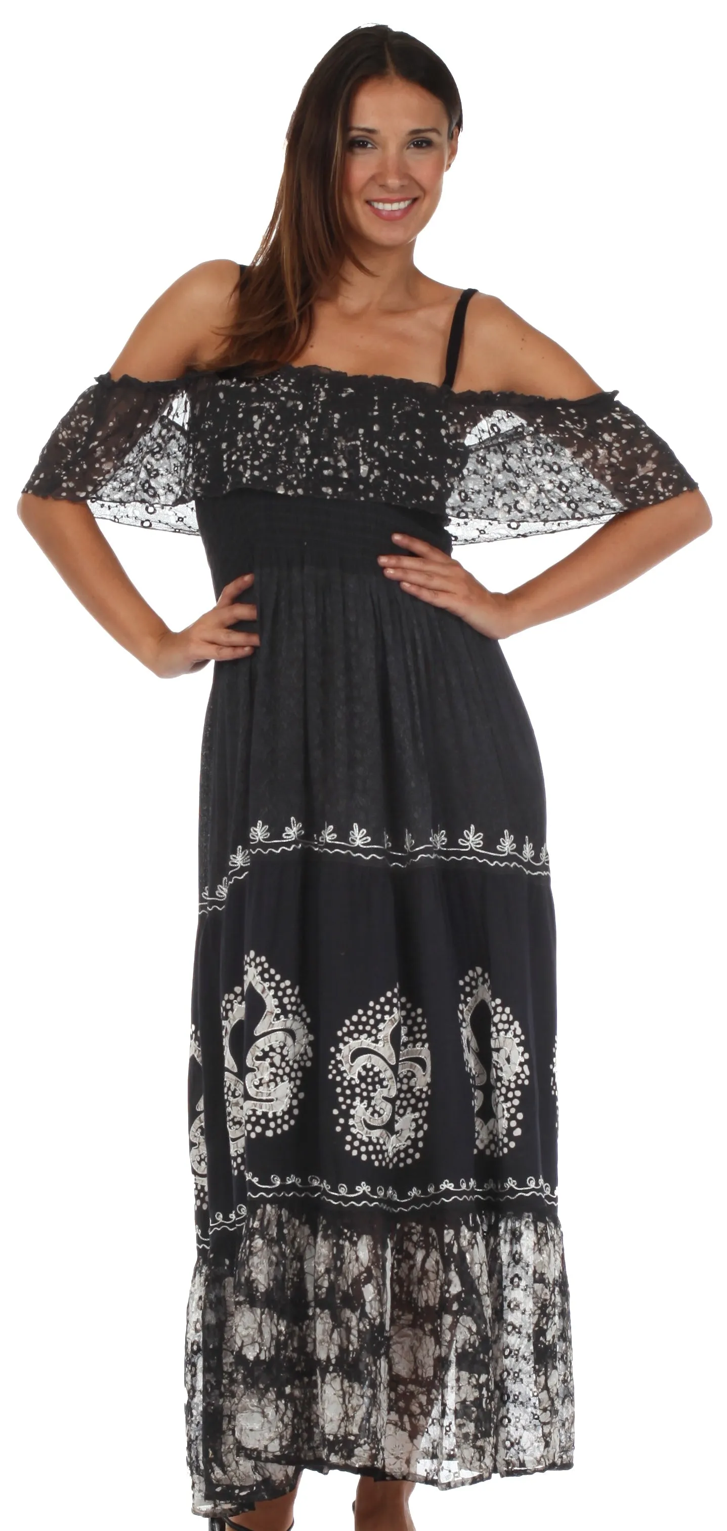 Sakkas Fleur De Lis Batik Jacquard Off Shoulder Crepe Hem Dress - FINAL SALE