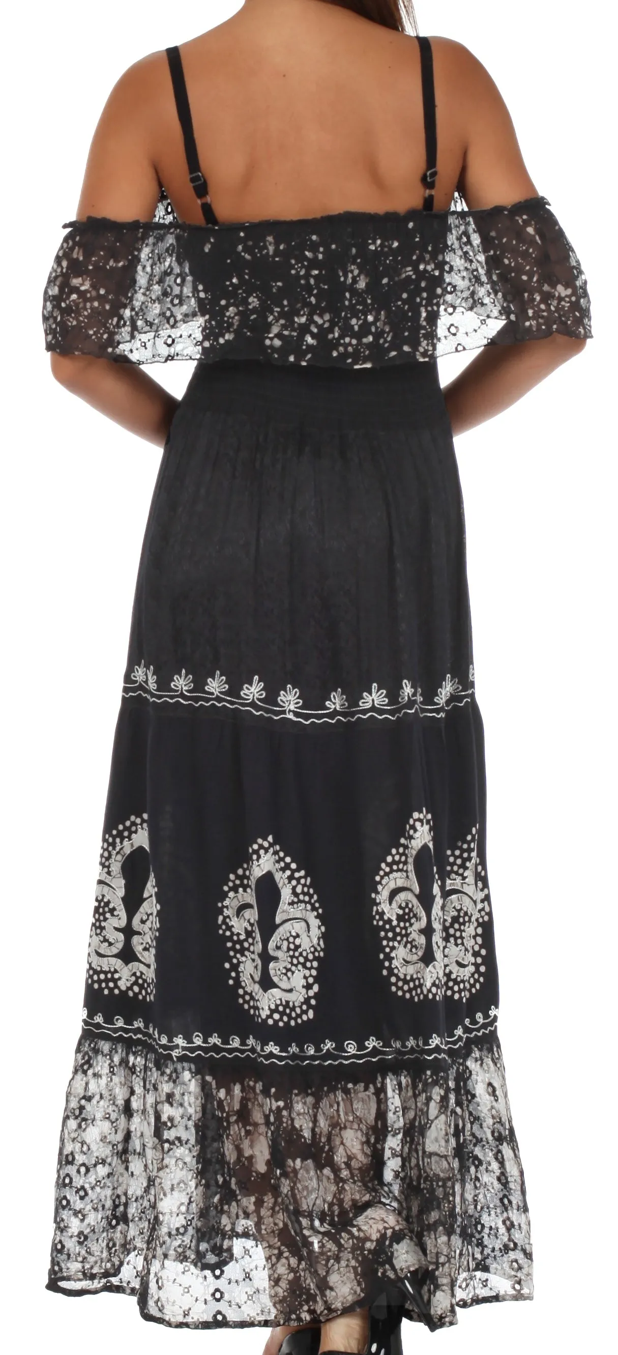 Sakkas Fleur De Lis Batik Jacquard Off Shoulder Crepe Hem Dress - FINAL SALE