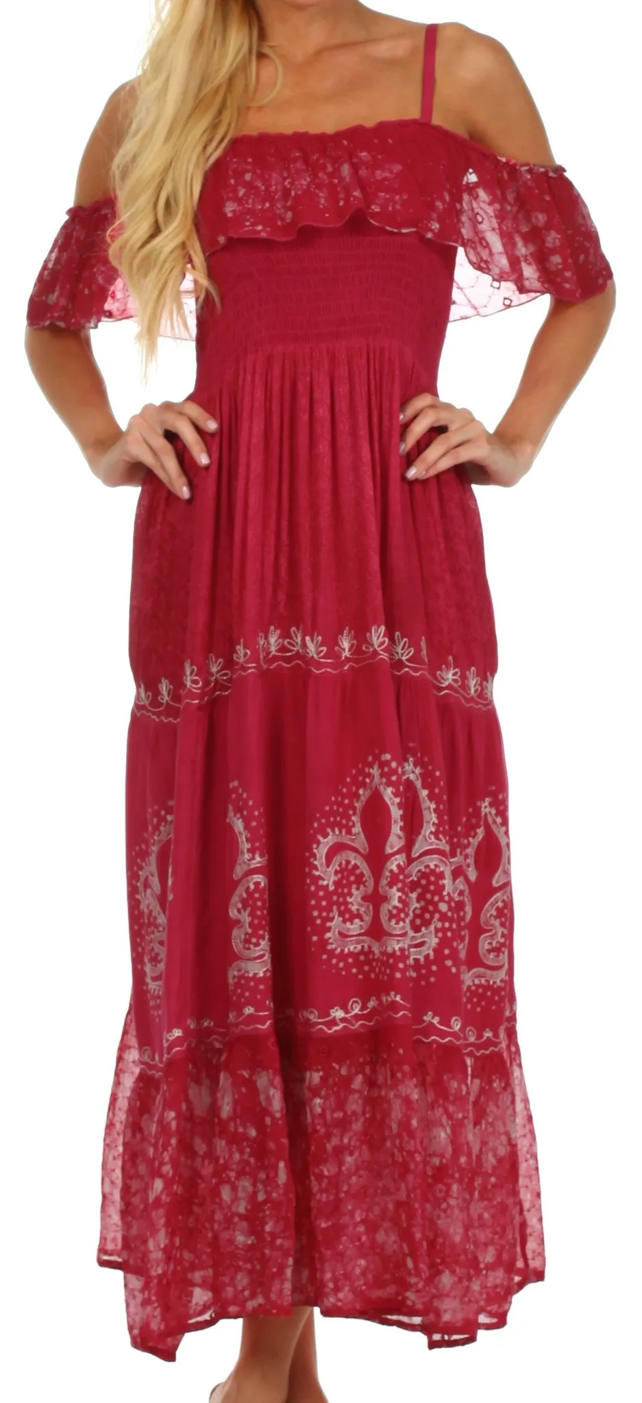 Sakkas Fleur De Lis Batik Jacquard Off Shoulder Crepe Hem Dress - FINAL SALE