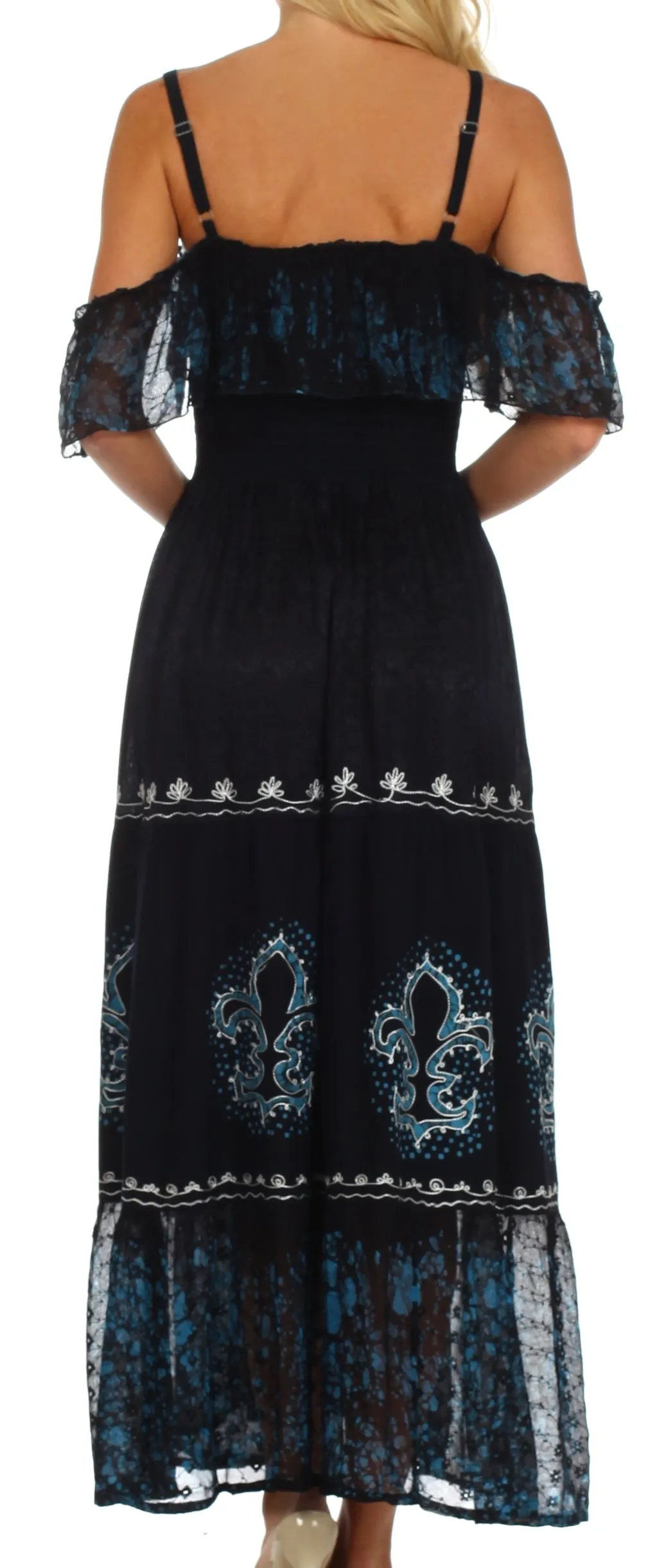 Sakkas Fleur De Lis Batik Jacquard Off Shoulder Crepe Hem Dress - FINAL SALE