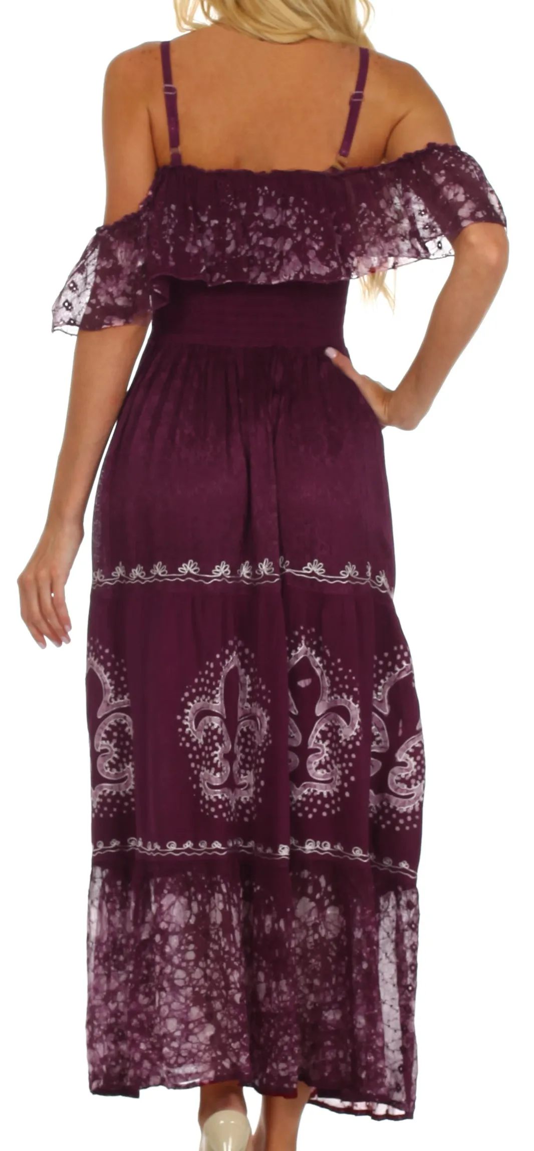 Sakkas Fleur De Lis Batik Jacquard Off Shoulder Crepe Hem Dress - FINAL SALE