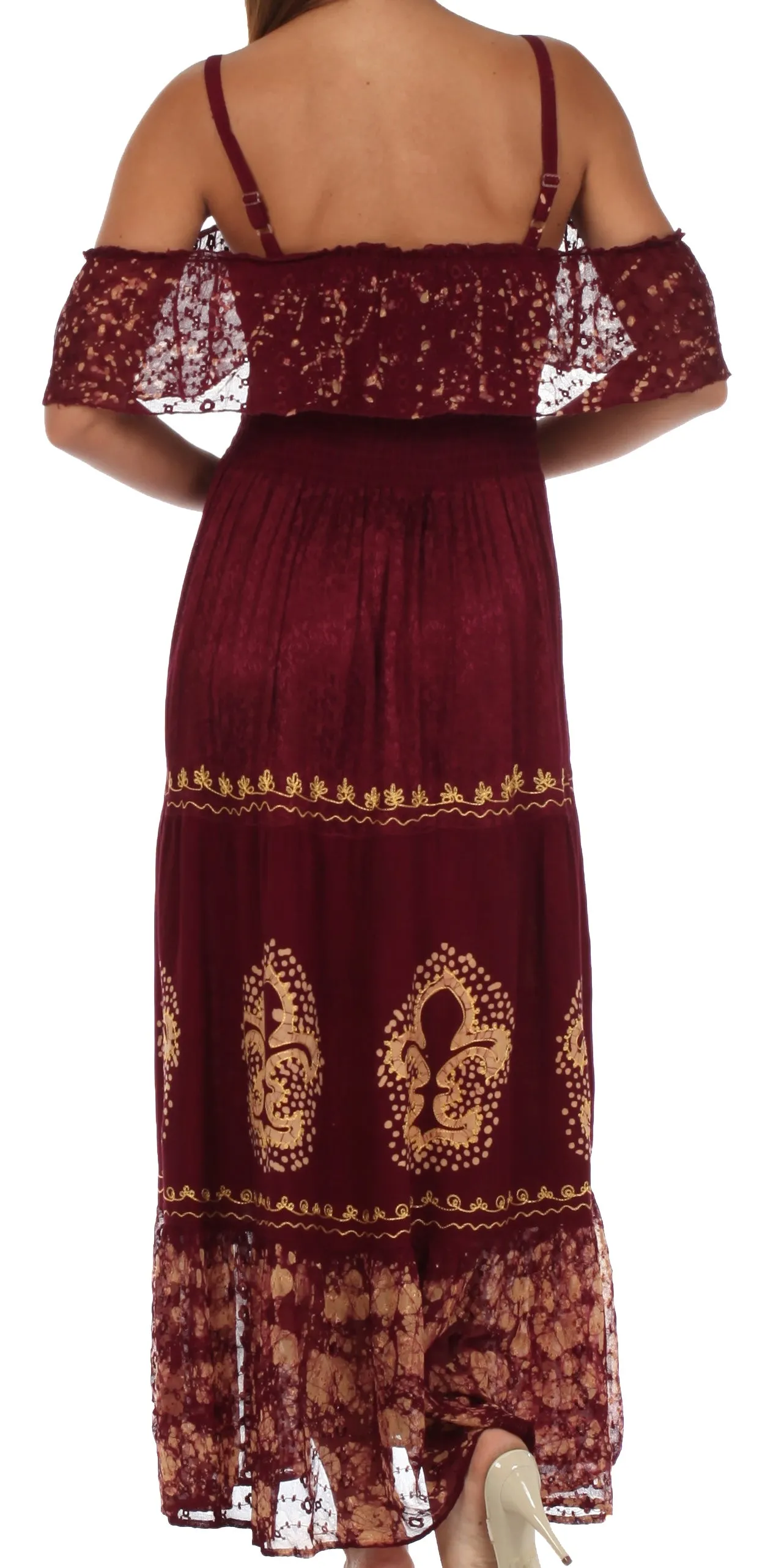 Sakkas Fleur De Lis Batik Jacquard Off Shoulder Crepe Hem Dress - FINAL SALE