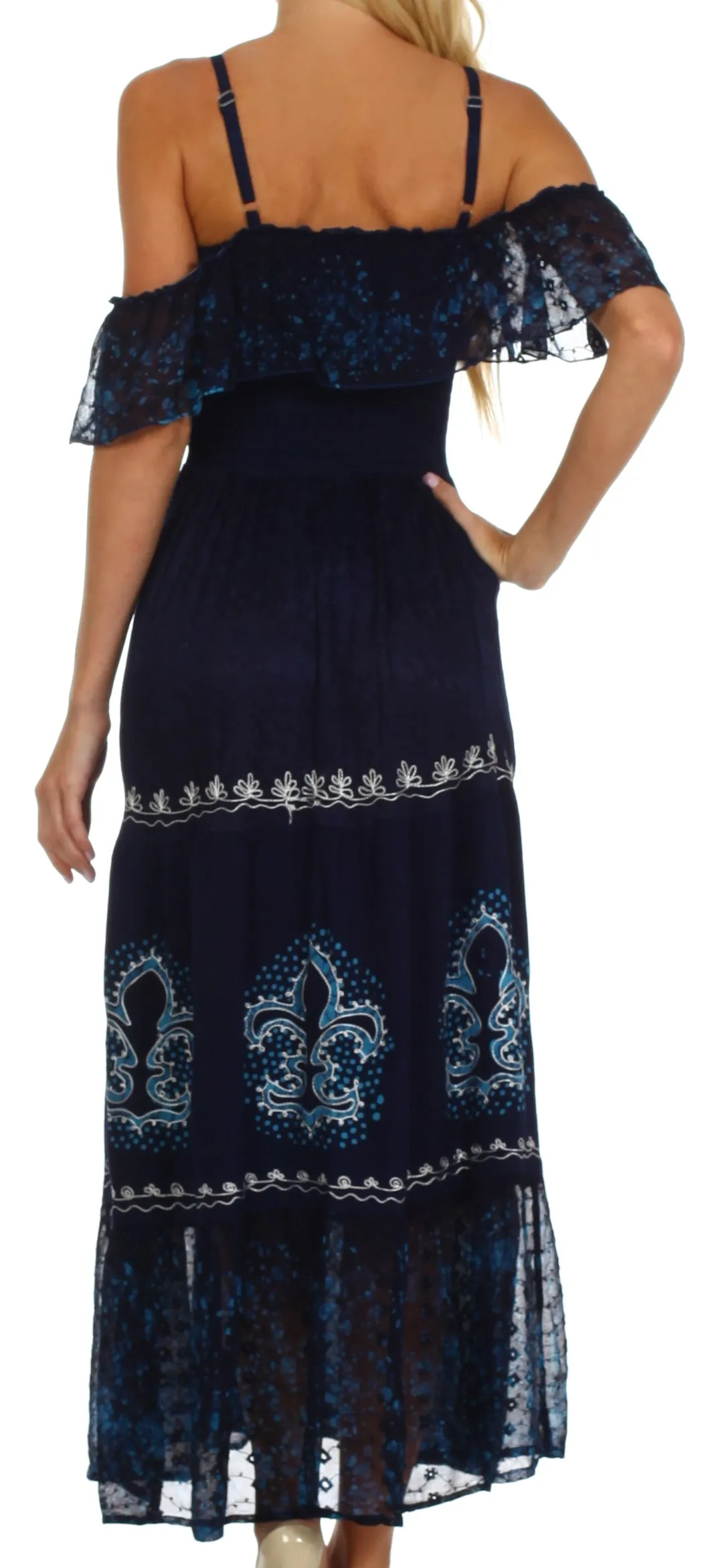 Sakkas Fleur De Lis Batik Jacquard Off Shoulder Crepe Hem Dress - FINAL SALE