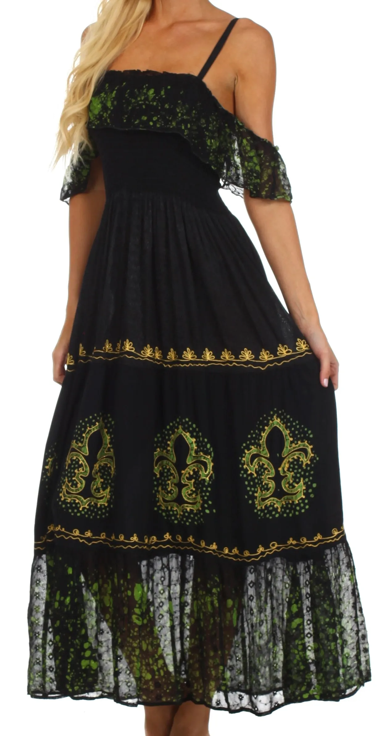 Sakkas Fleur De Lis Batik Jacquard Off Shoulder Crepe Hem Dress - FINAL SALE