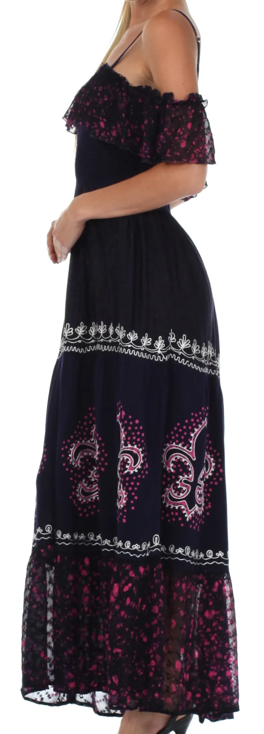 Sakkas Fleur De Lis Batik Jacquard Off Shoulder Crepe Hem Dress - FINAL SALE