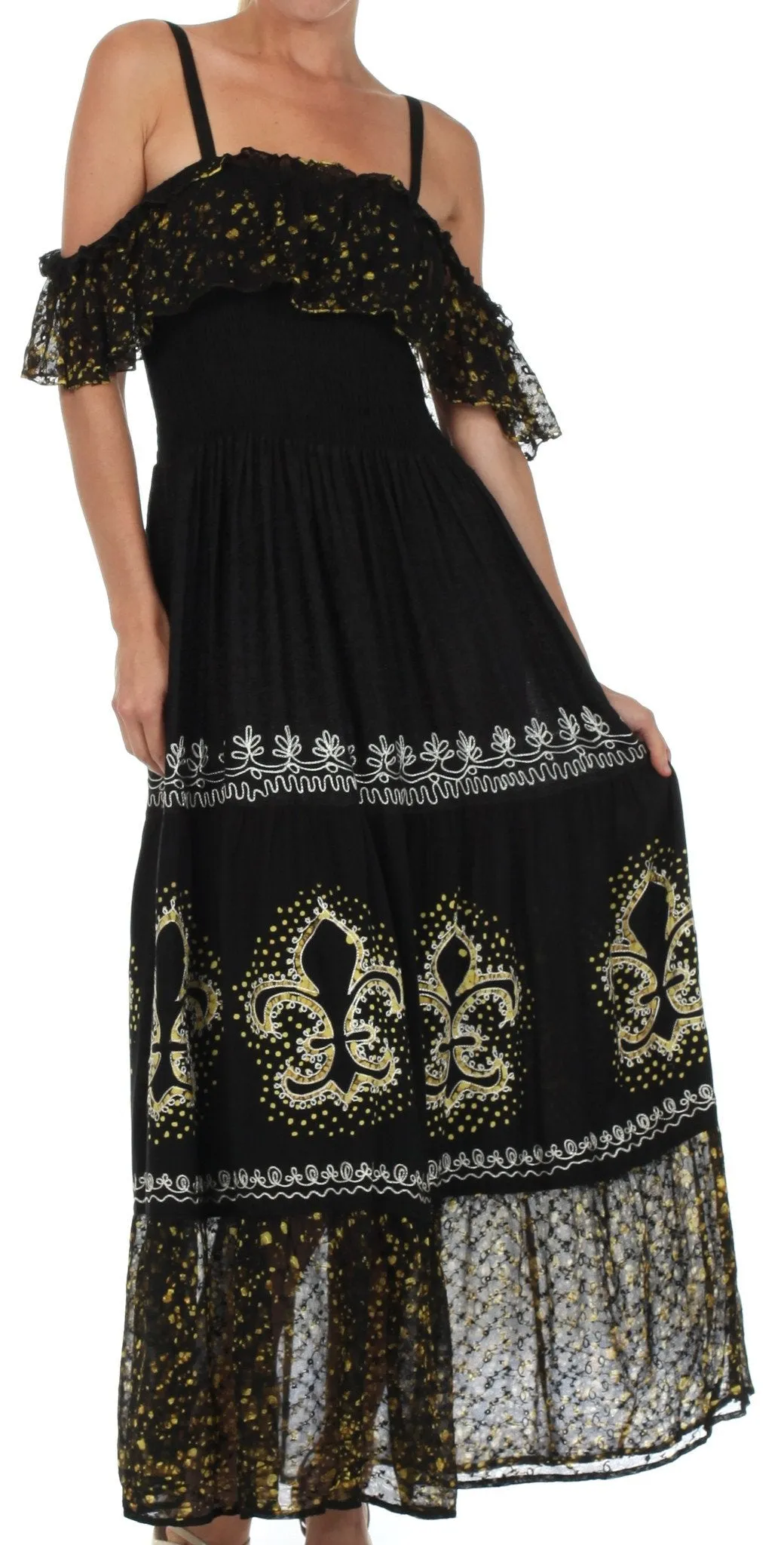 Sakkas Fleur De Lis Batik Jacquard Off Shoulder Crepe Hem Dress - FINAL SALE