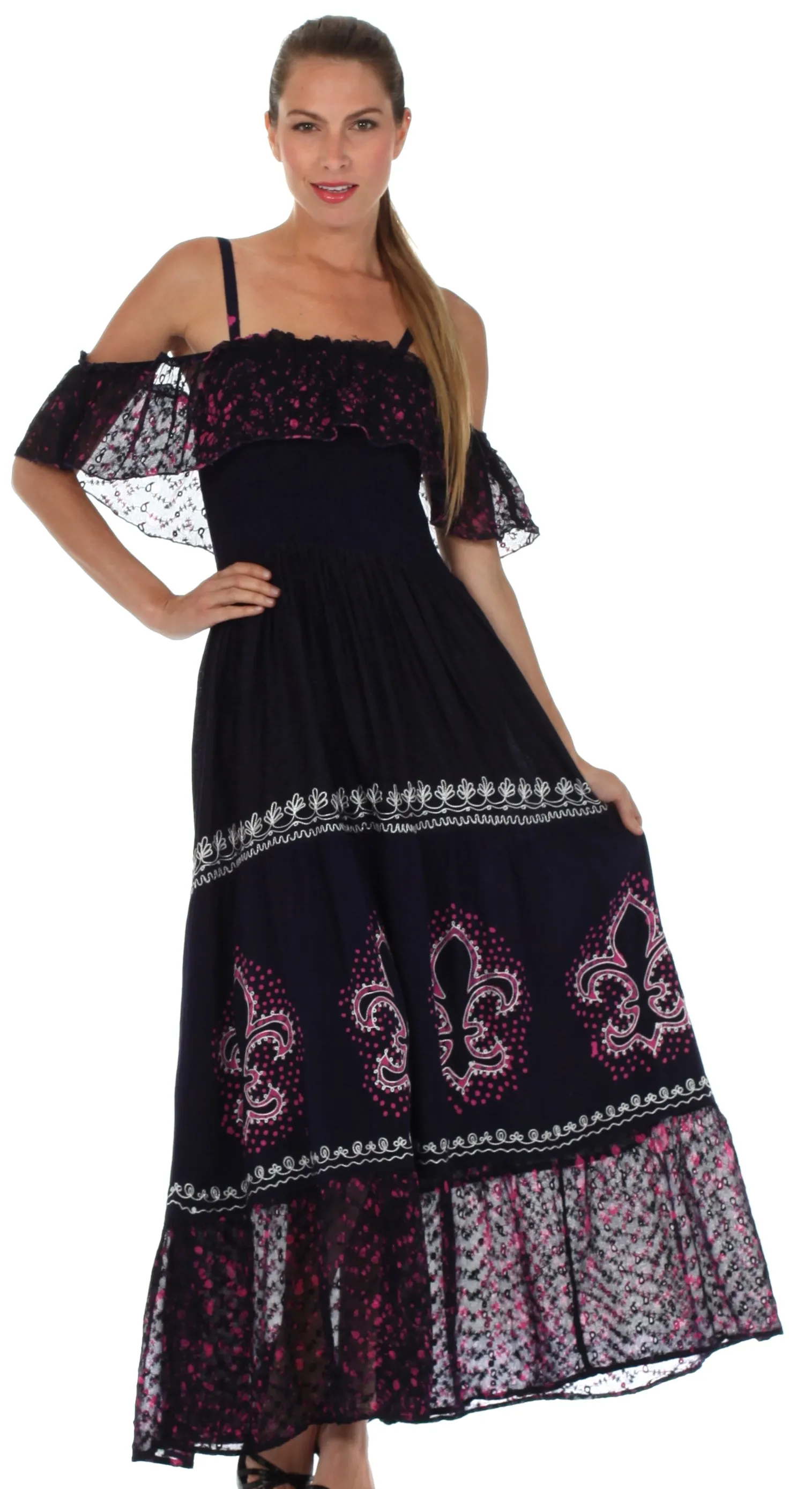 Sakkas Fleur De Lis Batik Jacquard Off Shoulder Crepe Hem Dress - FINAL SALE