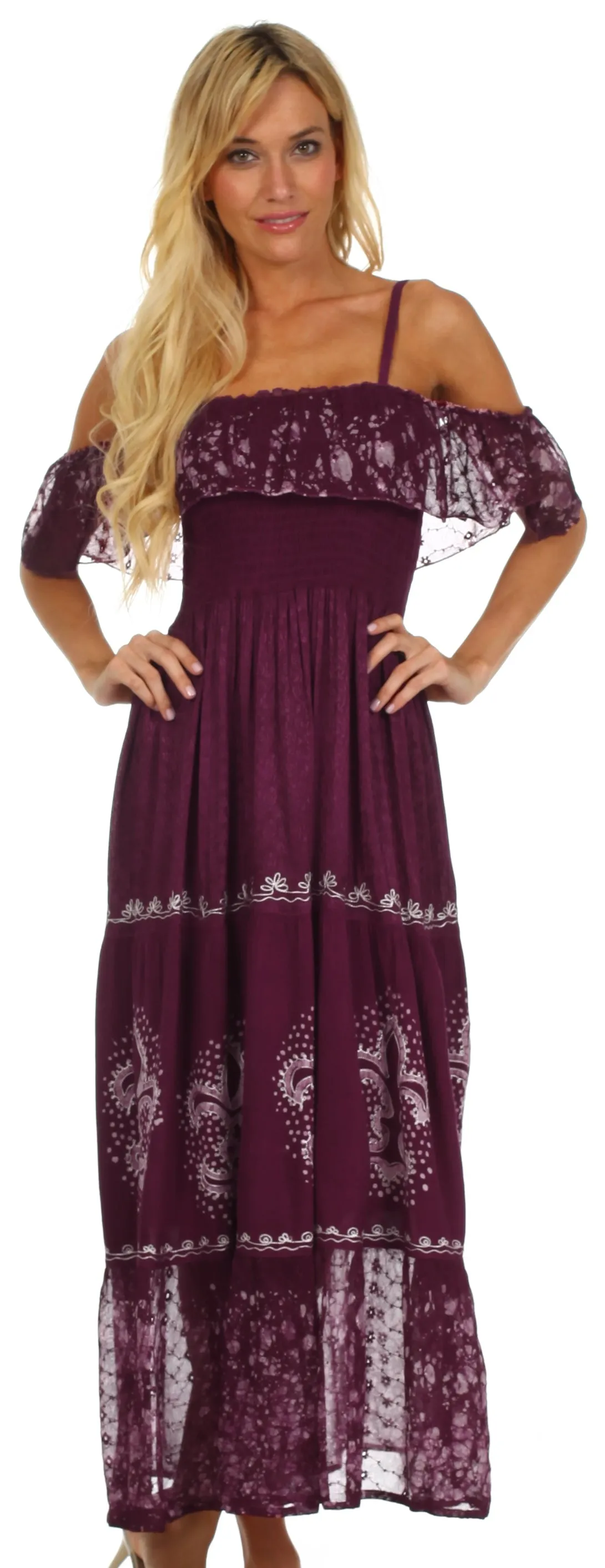 Sakkas Fleur De Lis Batik Jacquard Off Shoulder Crepe Hem Dress - FINAL SALE