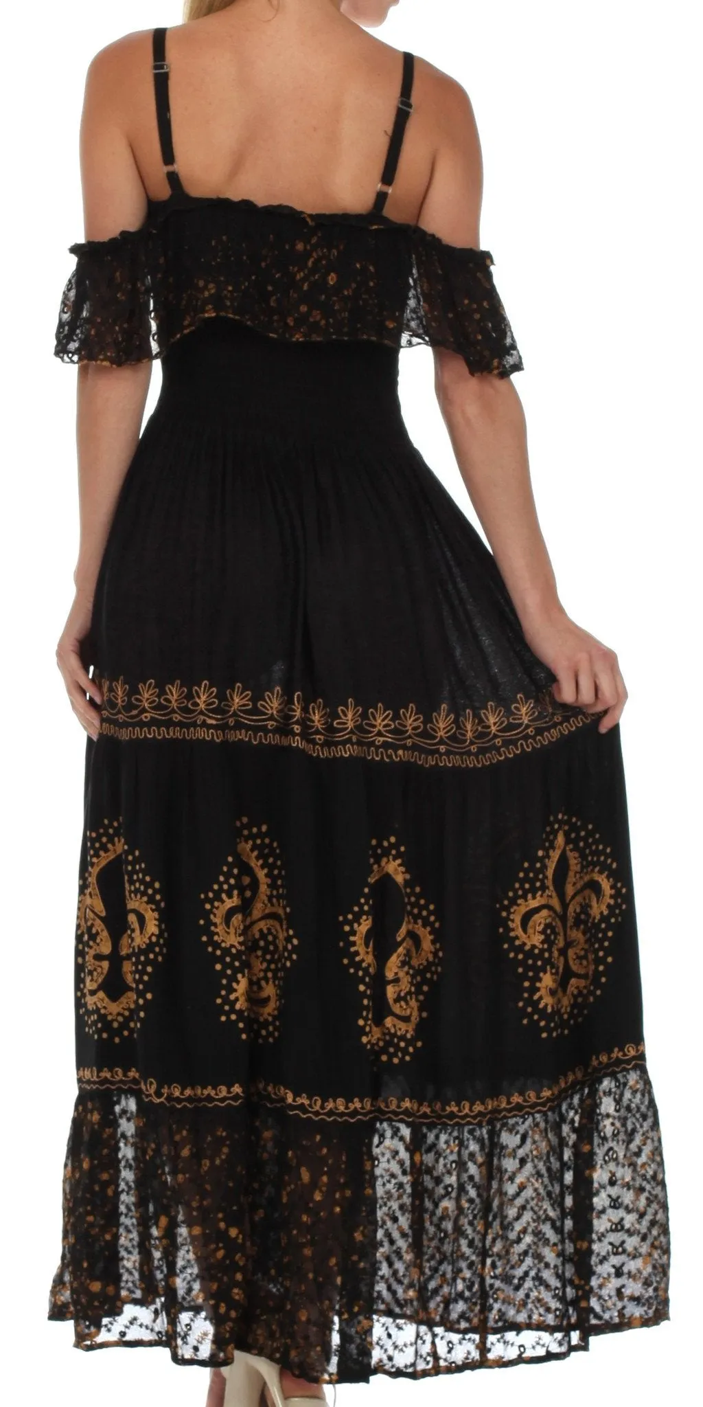 Sakkas Fleur De Lis Batik Jacquard Off Shoulder Crepe Hem Dress - FINAL SALE