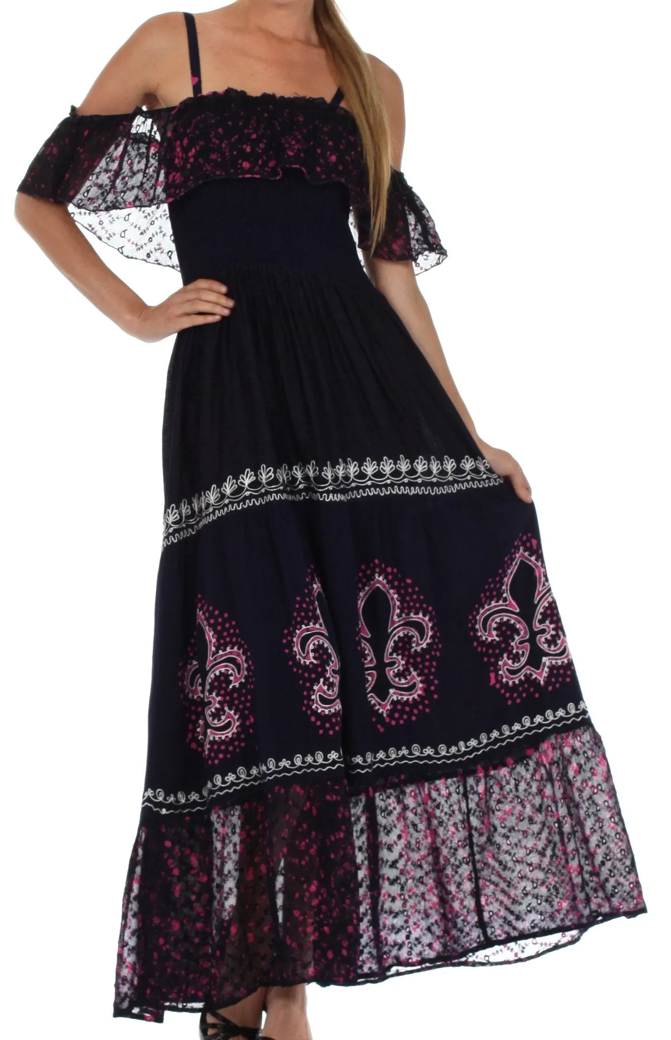 Sakkas Fleur De Lis Batik Jacquard Off Shoulder Crepe Hem Dress - FINAL SALE