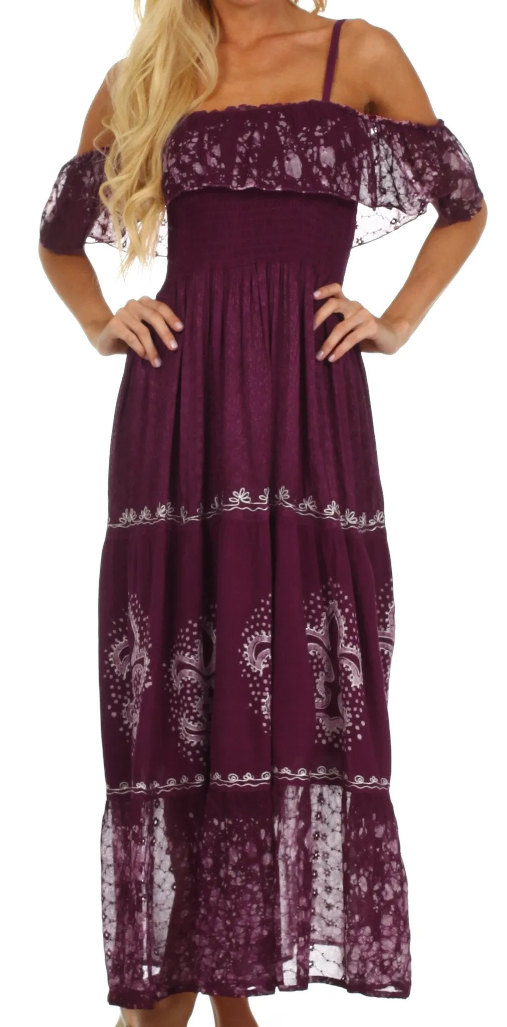 Sakkas Fleur De Lis Batik Jacquard Off Shoulder Crepe Hem Dress - FINAL SALE