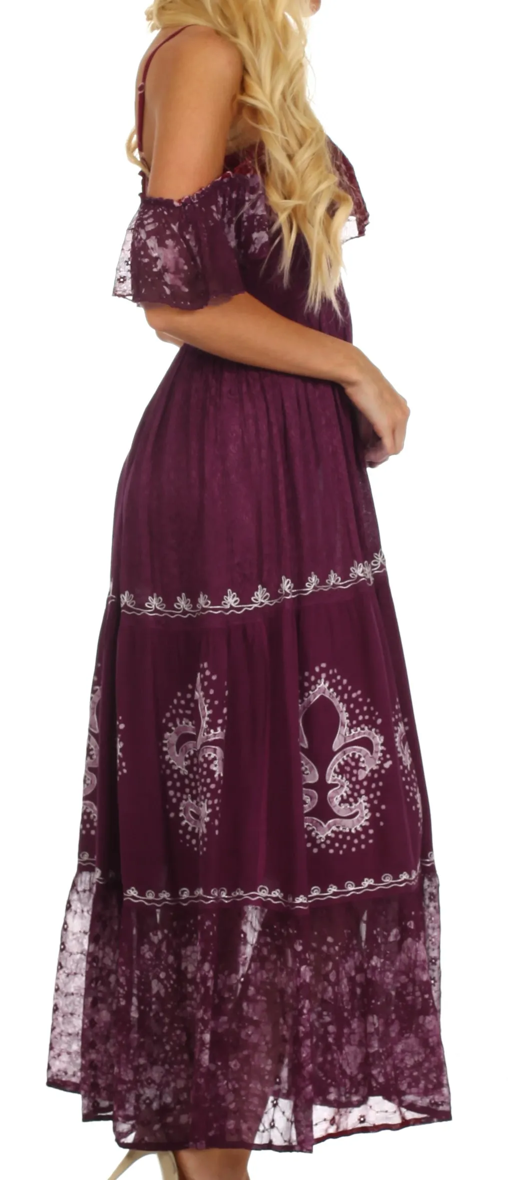 Sakkas Fleur De Lis Batik Jacquard Off Shoulder Crepe Hem Dress - FINAL SALE