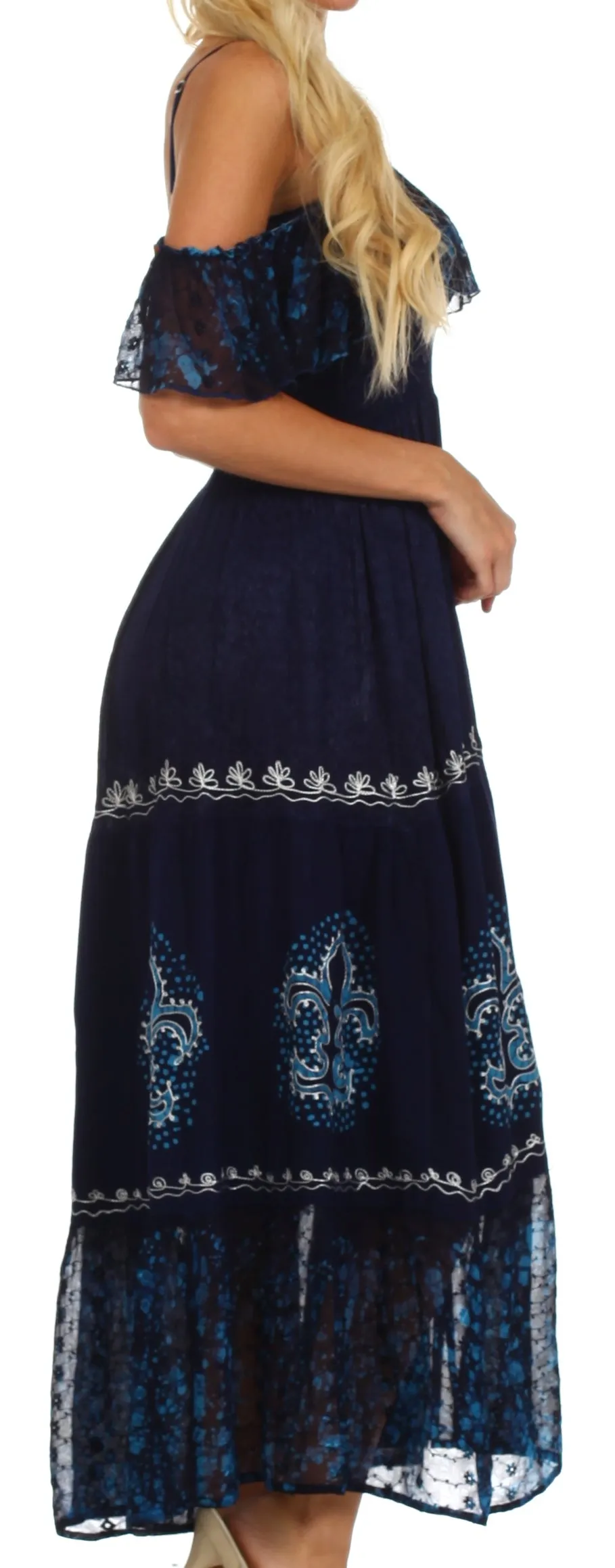 Sakkas Fleur De Lis Batik Jacquard Off Shoulder Crepe Hem Dress - FINAL SALE