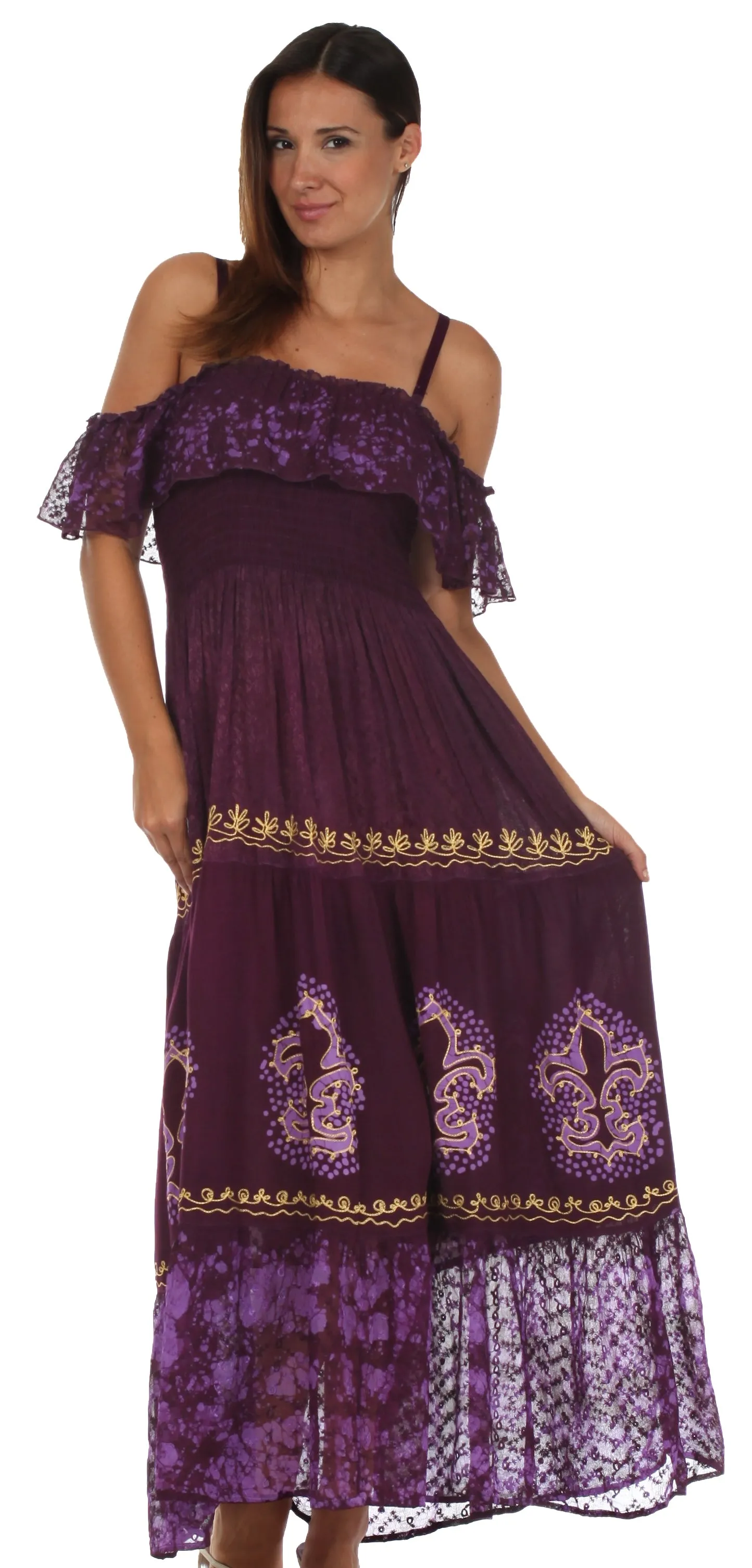 Sakkas Fleur De Lis Batik Jacquard Off Shoulder Crepe Hem Dress - FINAL SALE