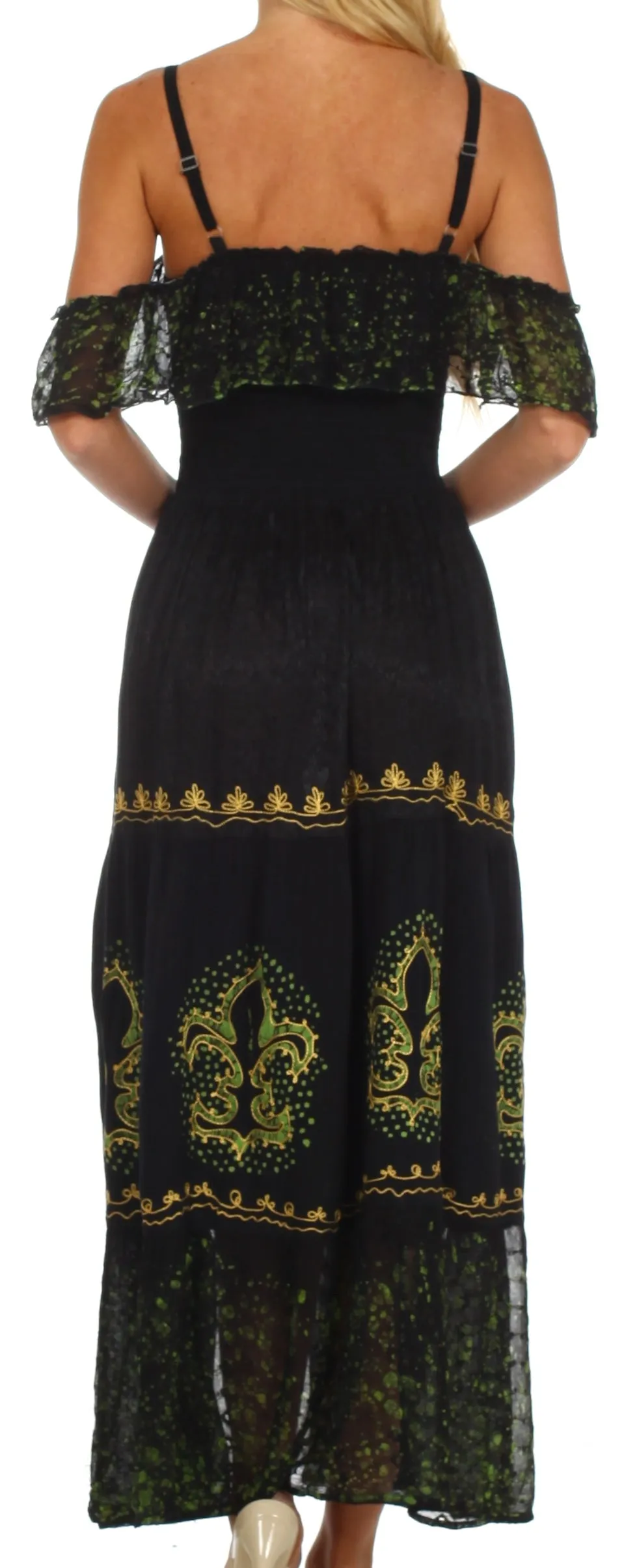 Sakkas Fleur De Lis Batik Jacquard Off Shoulder Crepe Hem Dress - FINAL SALE