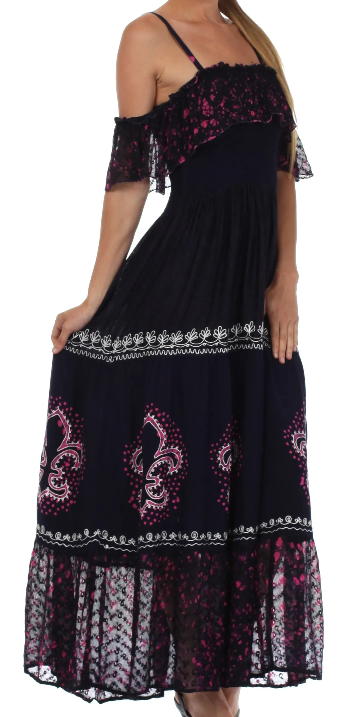 Sakkas Fleur De Lis Batik Jacquard Off Shoulder Crepe Hem Dress - FINAL SALE