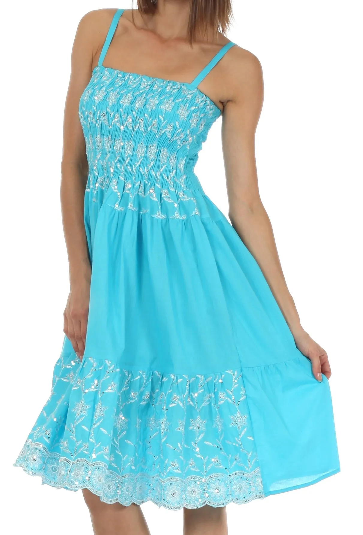 Sakkas Sequin Embroidered Smocked Bodice Knee Length Dress