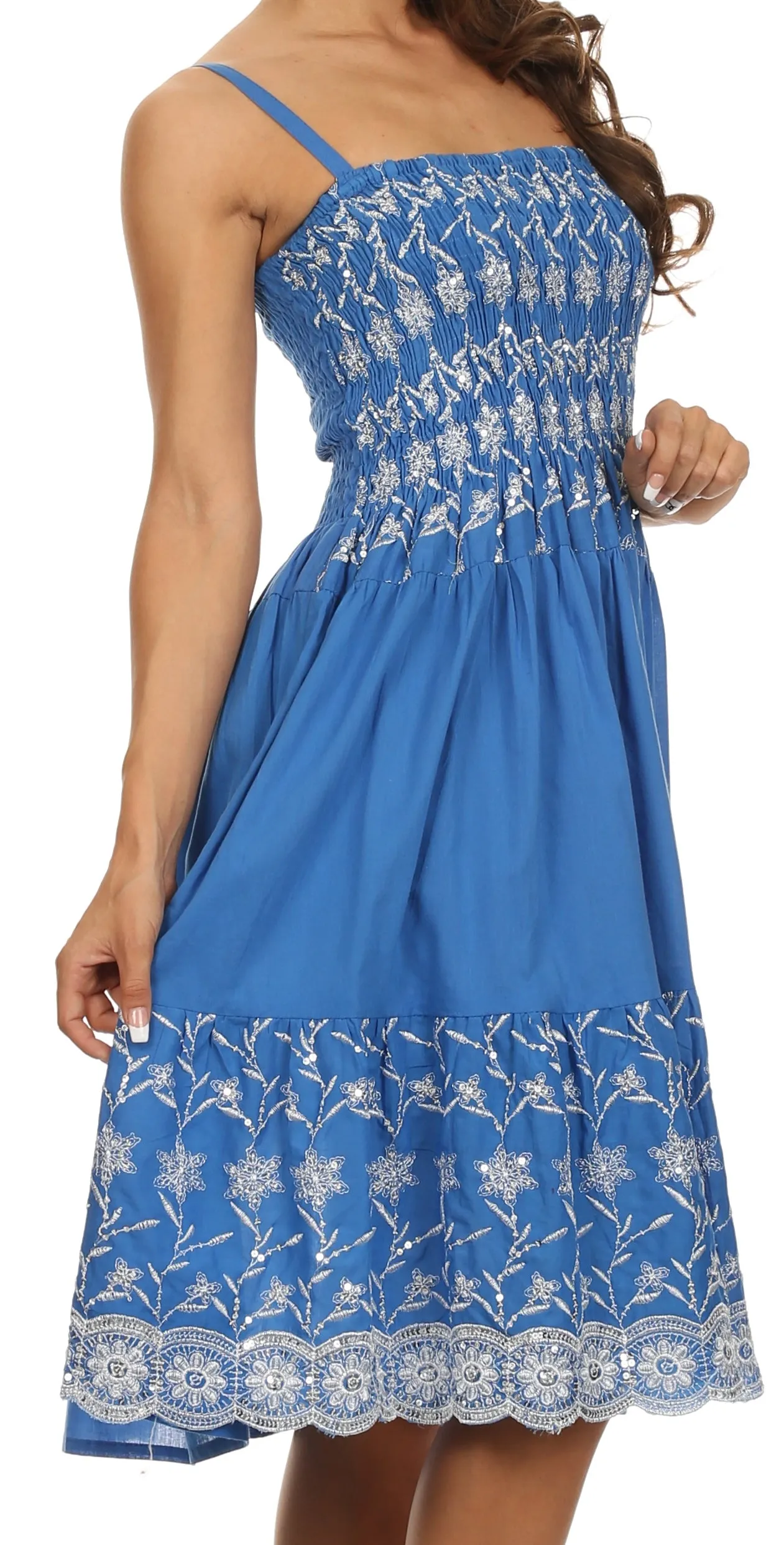 Sakkas Sequin Embroidered Smocked Bodice Knee Length Dress