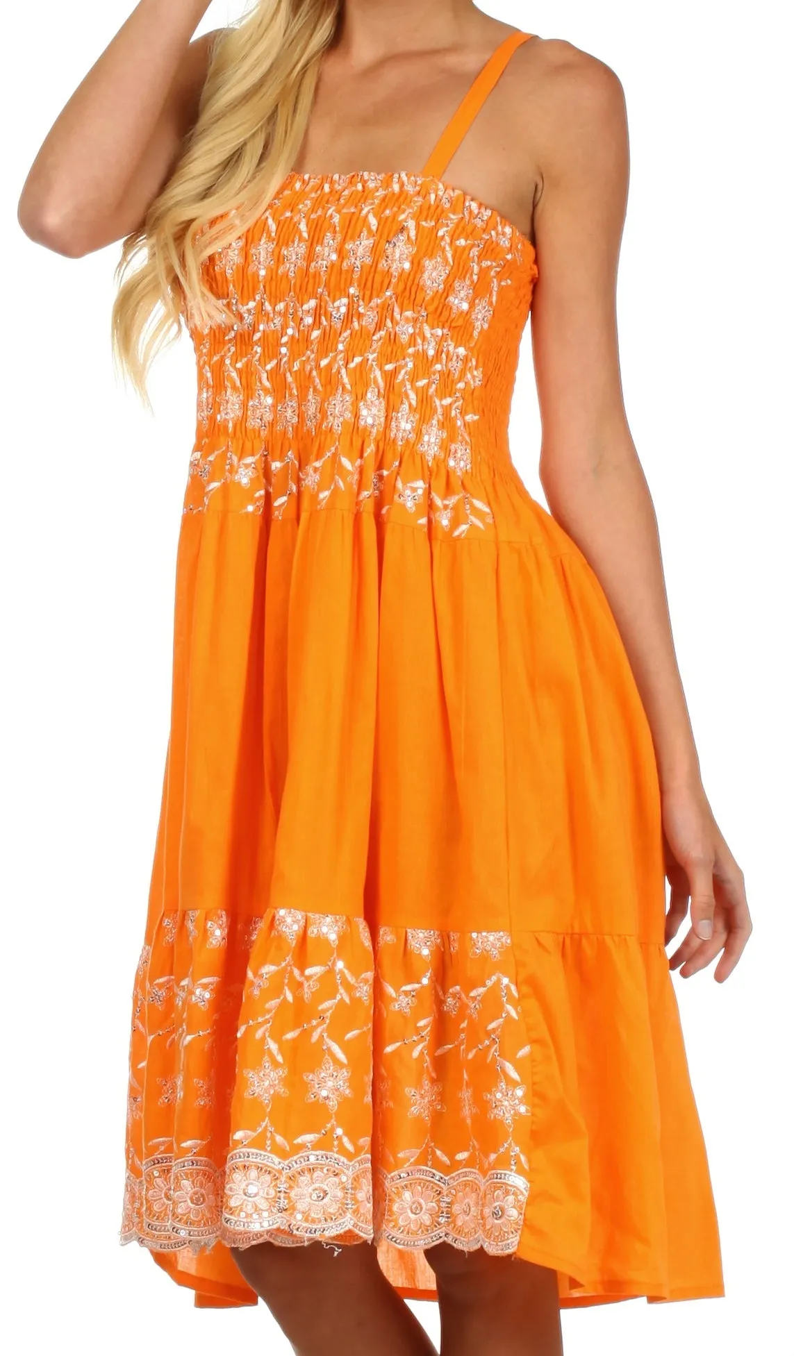 Sakkas Sequin Embroidered Smocked Bodice Knee Length Dress