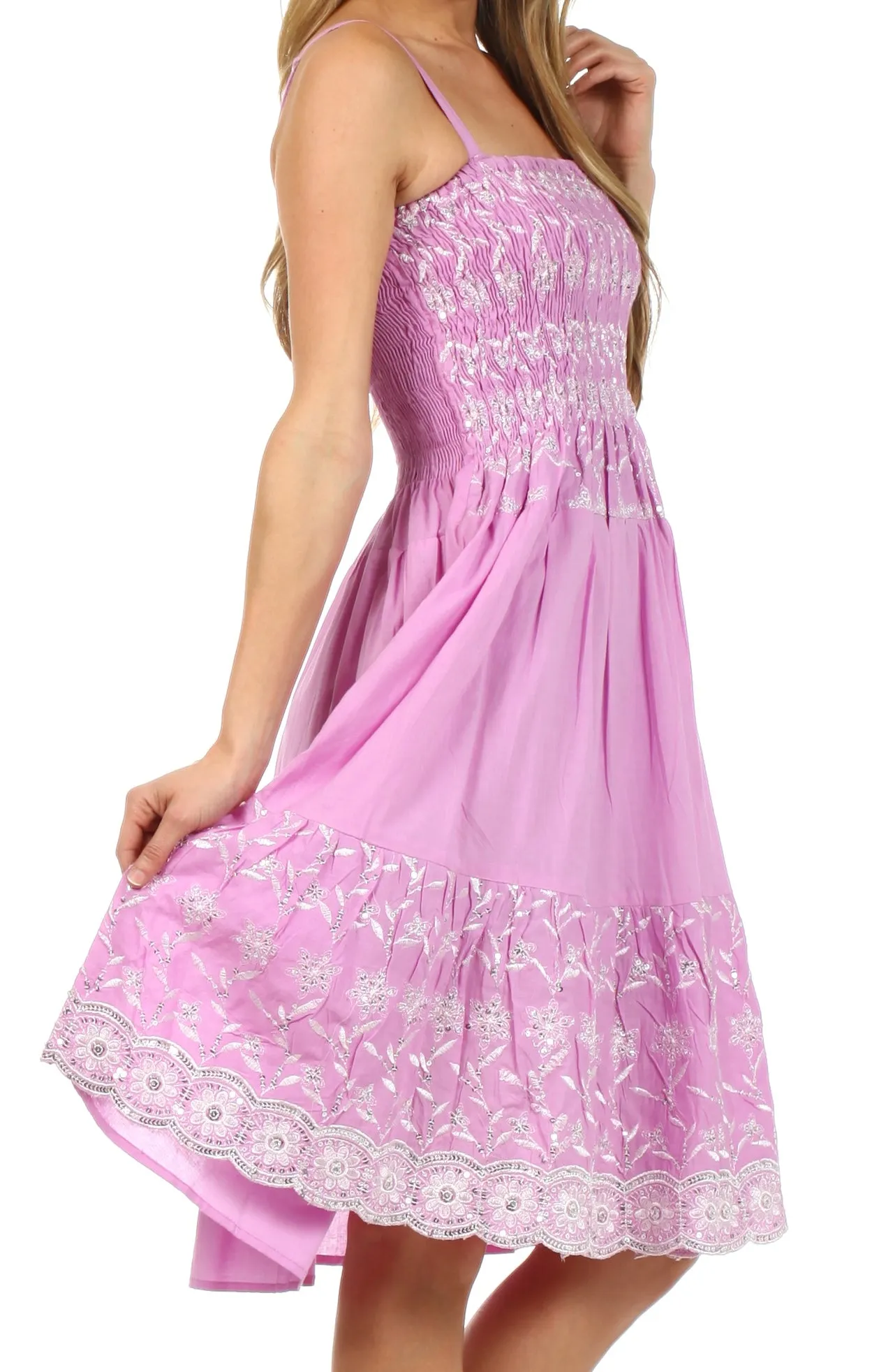 Sakkas Sequin Embroidered Smocked Bodice Knee Length Dress