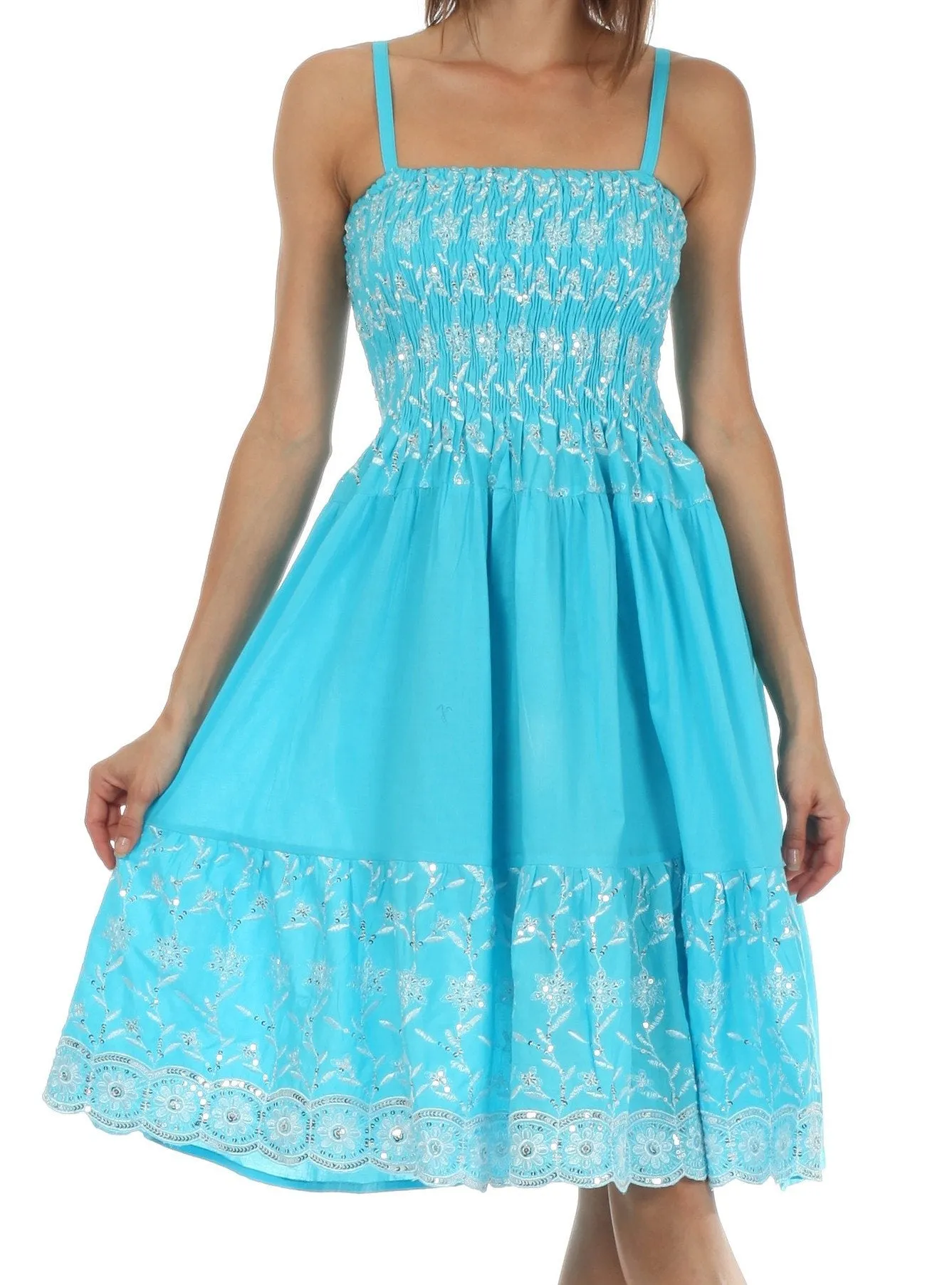 Sakkas Sequin Embroidered Smocked Bodice Knee Length Dress