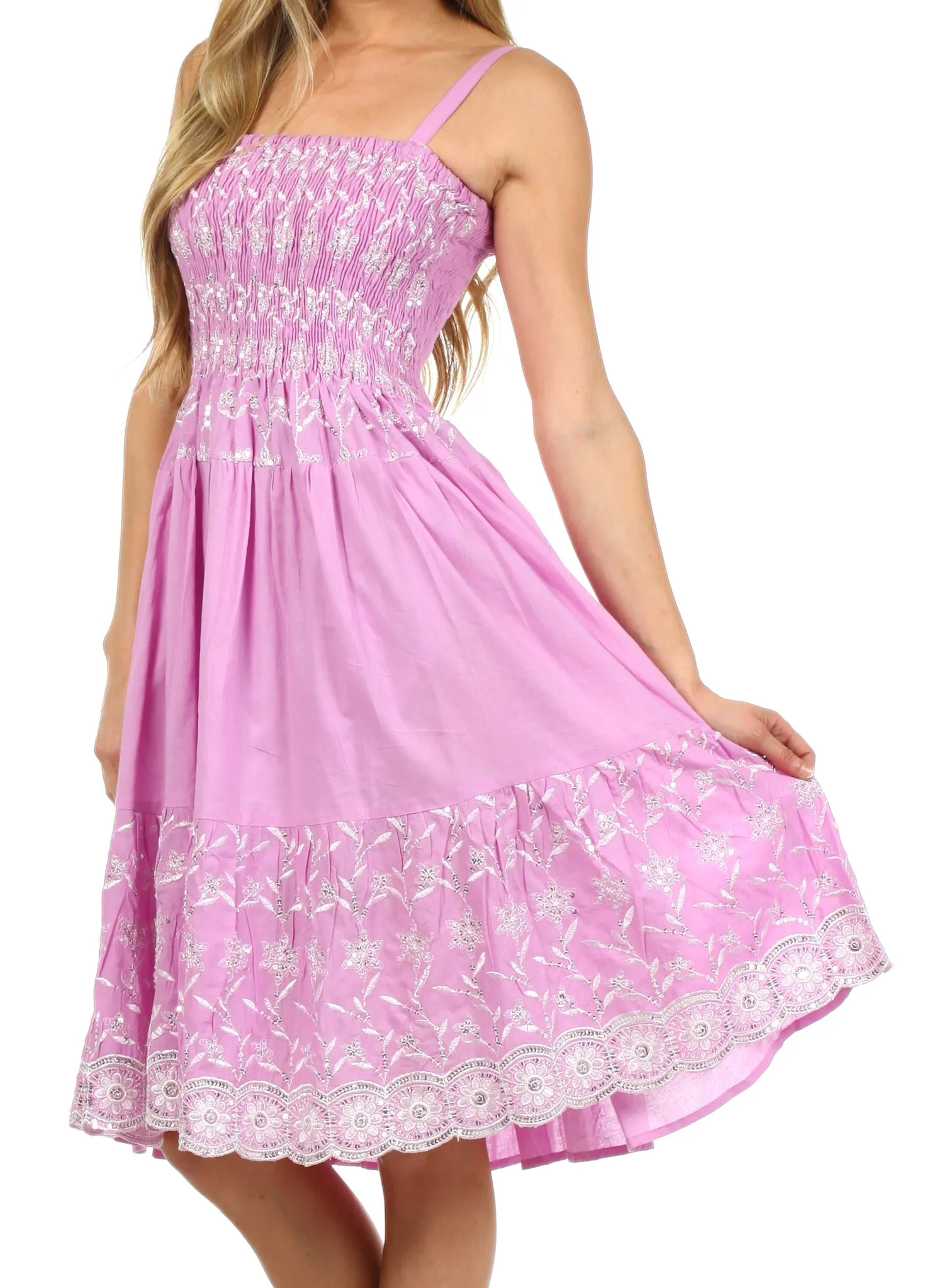 Sakkas Sequin Embroidered Smocked Bodice Knee Length Dress