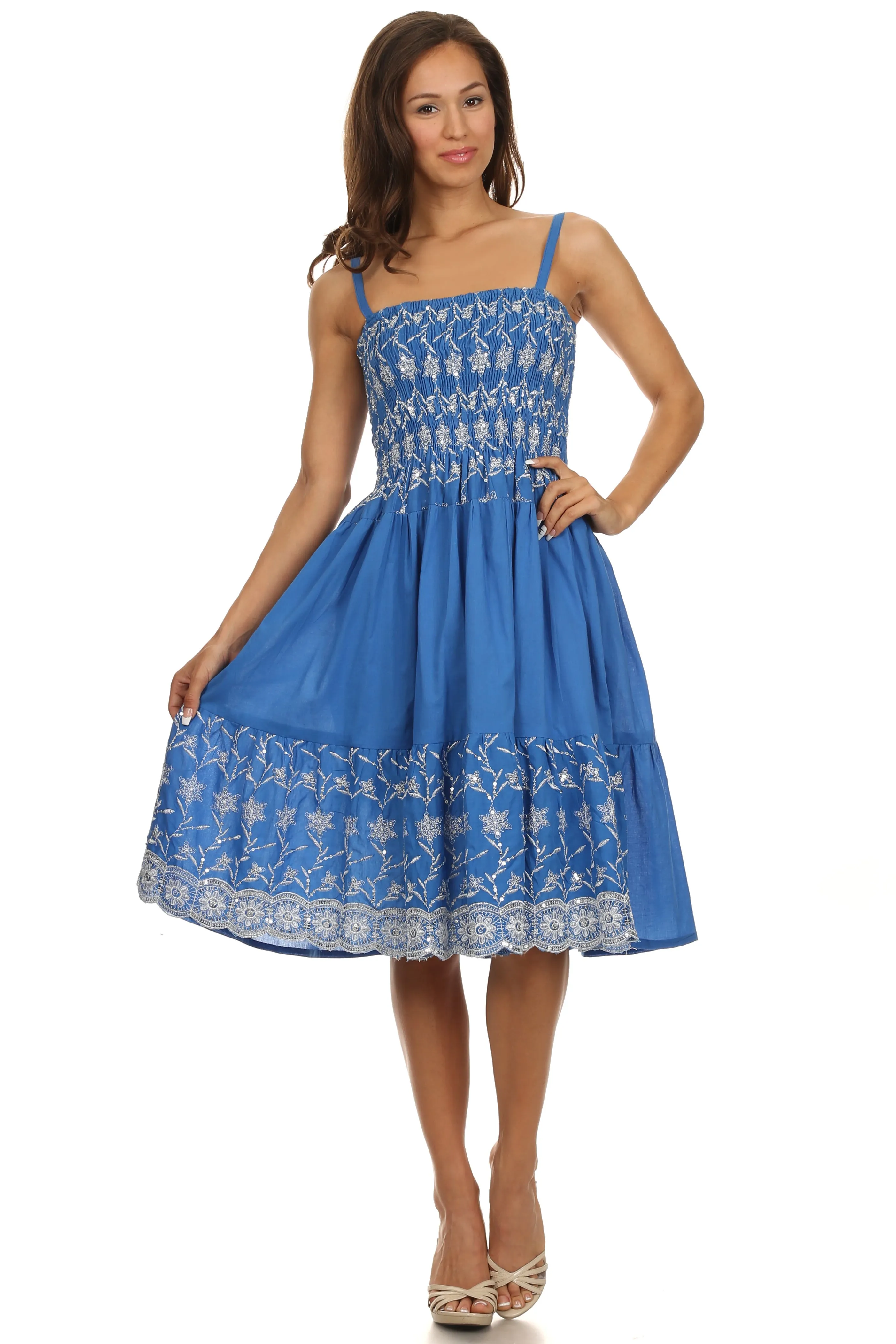 Sakkas Sequin Embroidered Smocked Bodice Knee Length Dress