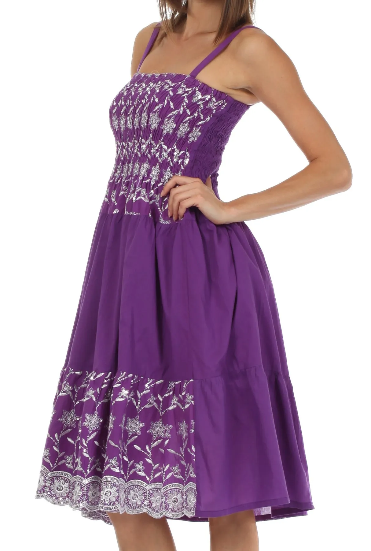 Sakkas Sequin Embroidered Smocked Bodice Knee Length Dress