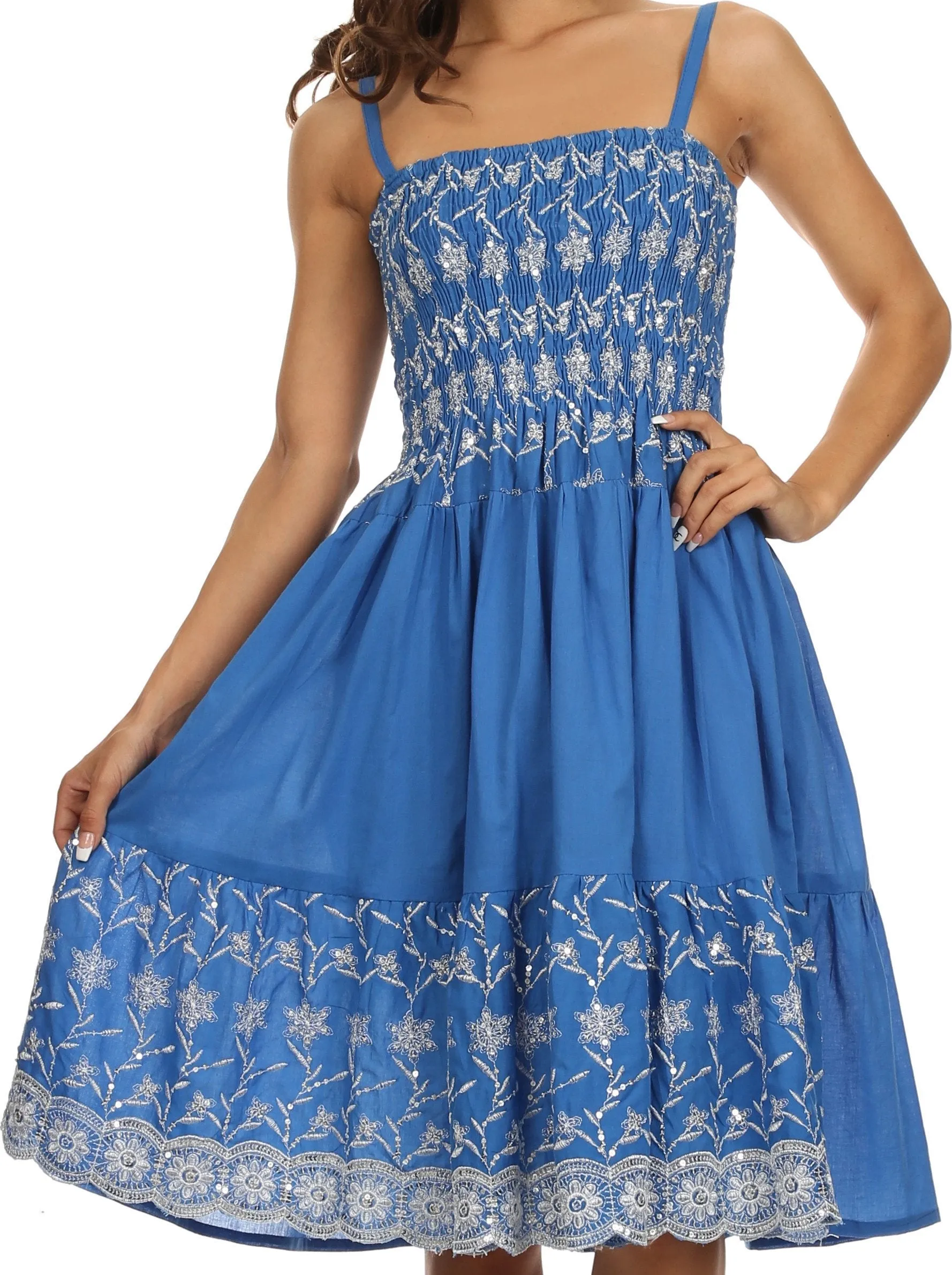 Sakkas Sequin Embroidered Smocked Bodice Knee Length Dress