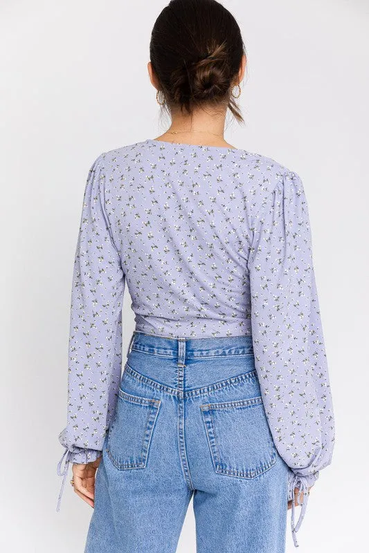 TEEK - Light Blue-White Ditsy Puff Sleeve Lace-Up V-Neck Top