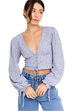 TEEK - Light Blue-White Ditsy Puff Sleeve Lace-Up V-Neck Top