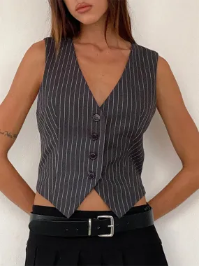 V-Neck Waistcoat Striped Sleeveless Dressy Suit Vest Crop Button Top