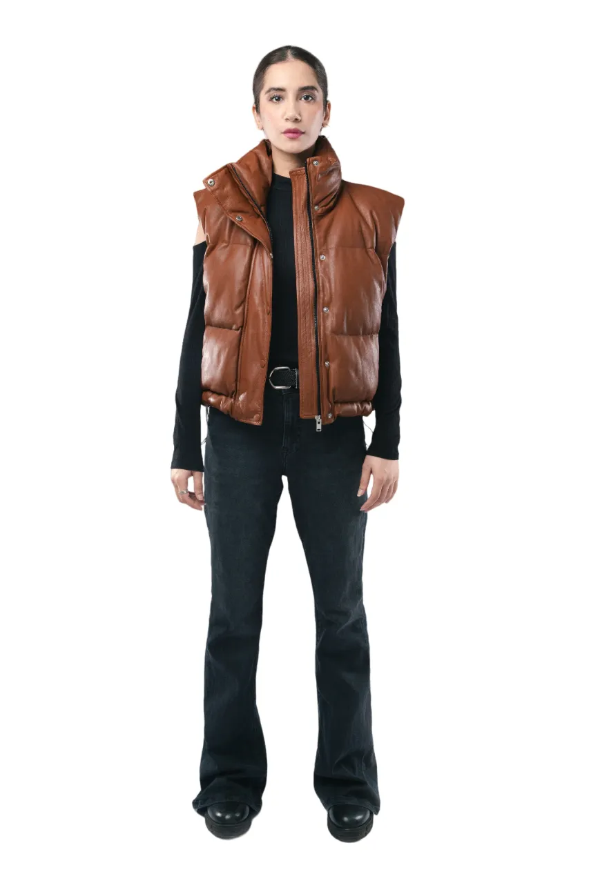 Women Sheep Leather Jacket Puffer Style Sleeveless Fashion Brown Jacket - ELF36